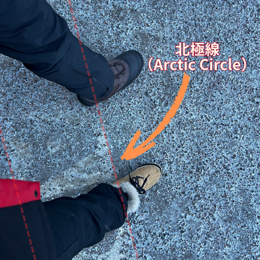 見にくいけど、足元に北極線(Arctic Circle)がある。私とパートナーの足が線を超えている写真