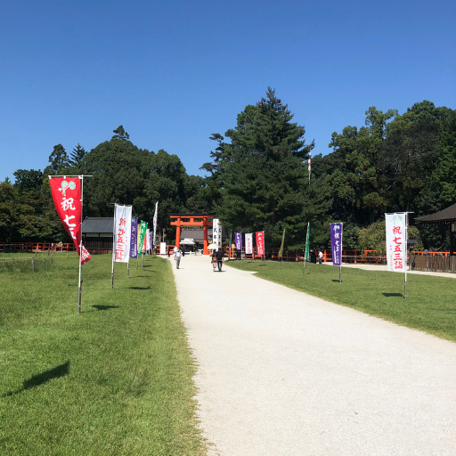 両側に芝生、中央に白砂がまっすぐ続く上賀茂神社の参道